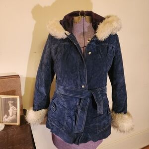 Blue Vintage Penny Lane Coat With White Faux Fur Trim
